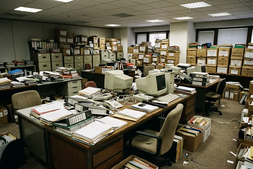 Oficina llena de mesas, archivos y equipos informáticos