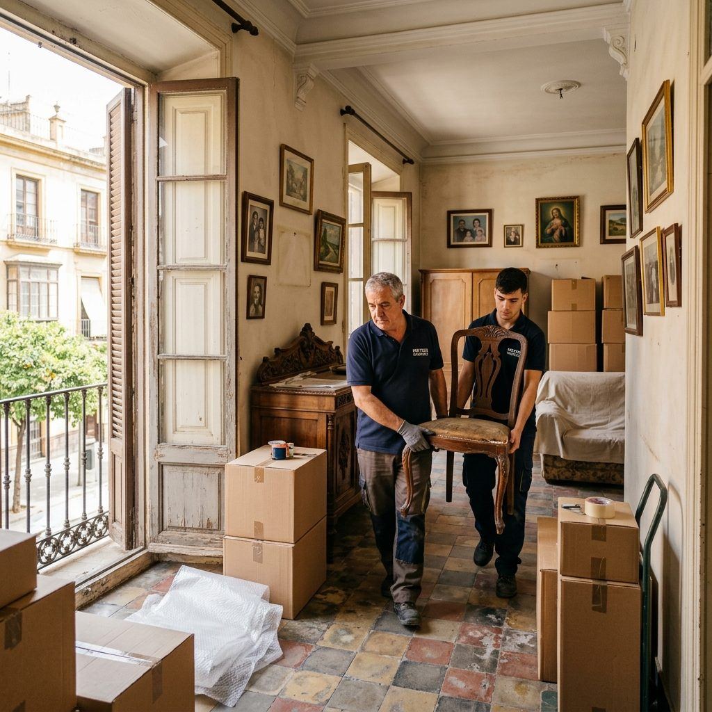 Operarios sacando cajas y muebles de un piso antiguo con balcón